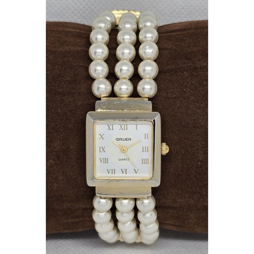 Women's Vintage Gruen Elegant Pearl Band MOP Dial Gold Tone Watch 13